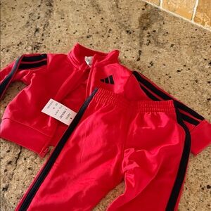 Adidas Kids Red Joggers with Black Stripes